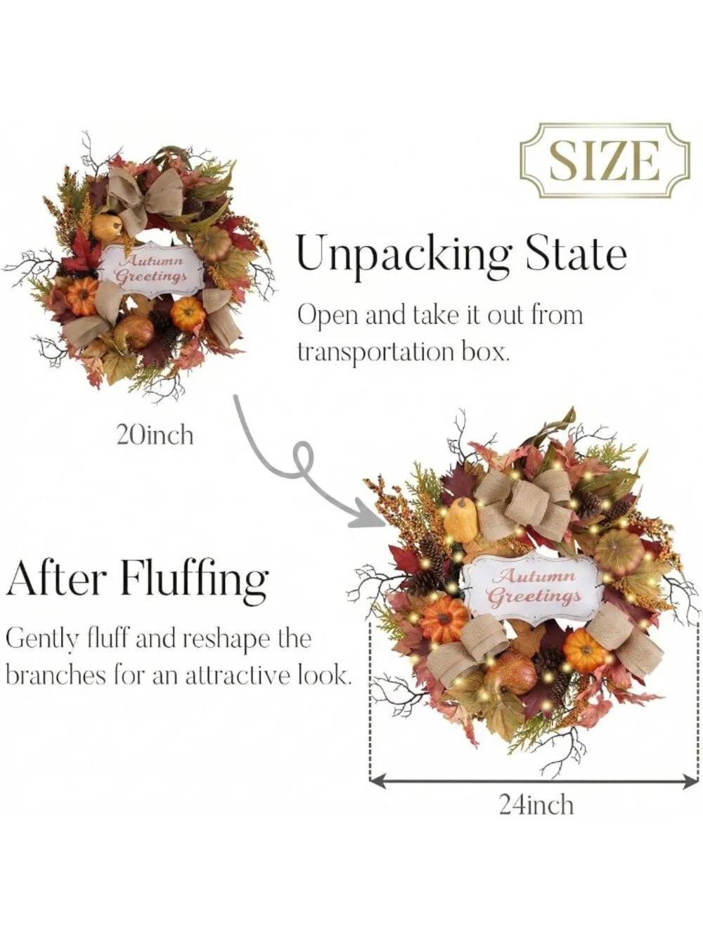 24'' Collapsible Pre-Lit Fall Pumpkin Wreath for Front Door Decor - Autumn Home